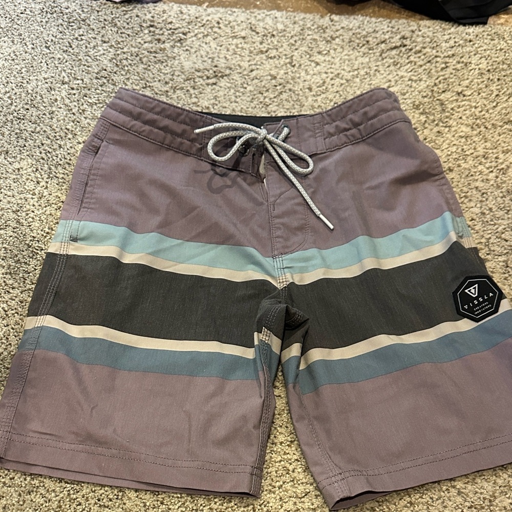 Boys Lavender/ grey / blue Striped Swim Trunks - Casual Beach Shorts